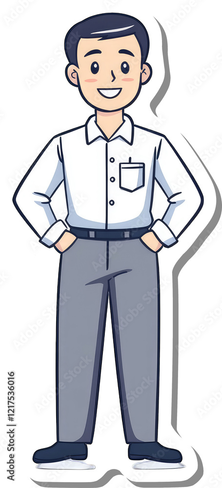 A Cartoon Man Smiles Wearing a White Shirt and Gray Pants A Cartoon Man Smiles Wearing a White Shirt and Gray Pants
