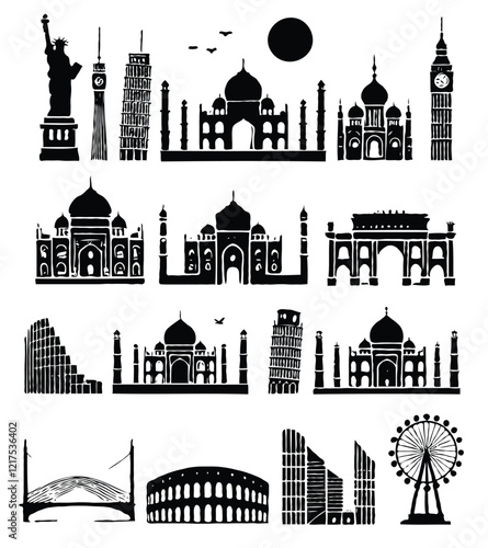 minimalist black and white silhouettes of various famous landmarks with clear lines on a white background. Big set of famous monuments and landmarks of the world. 