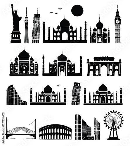 minimalist black and white silhouettes of various famous landmarks with clear lines on a white background. Big set of famous monuments and landmarks of the world. 