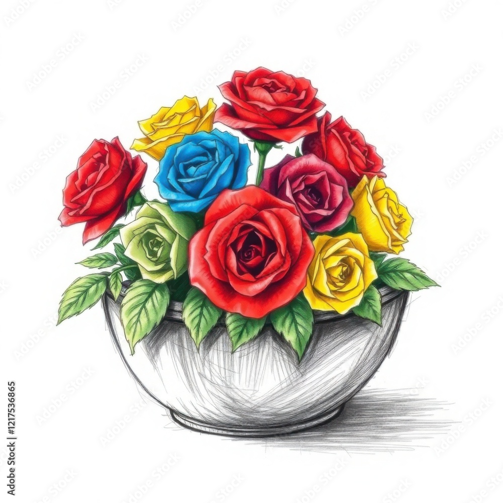 A digital rendering of red, yellow, and blue gradient roses in a white tub, with strong ultraviolet lighting with detailed petals A digital rendering of red, yellow, and blue gradient roses in a white tub, with strong ultraviolet lighting with detailed petals