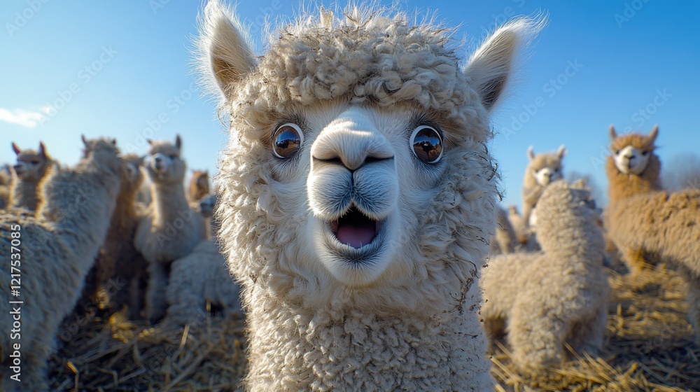 Obraz premium Adorable Surprised Alpaca Close Up with Herd in Background Sunny Day Farm