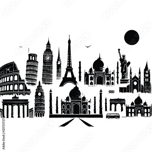 minimalist black and white silhouettes of various famous landmarks with clear lines on a white background. Big set of famous monuments and landmarks of the world. 