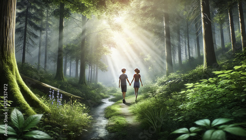 Anime Couple Walking Hand in Hand Through Magical Forest Path with Sunbeams Illuminating a Serene Natural Landscape