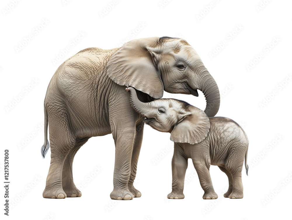 Fototapeta premium Mother elephant nuzzling calf on transparent background.