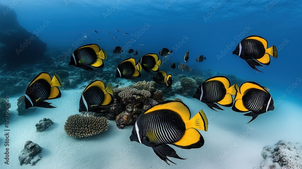 A School Of Black And Yellow Angelfish Swim Over Coral Reef