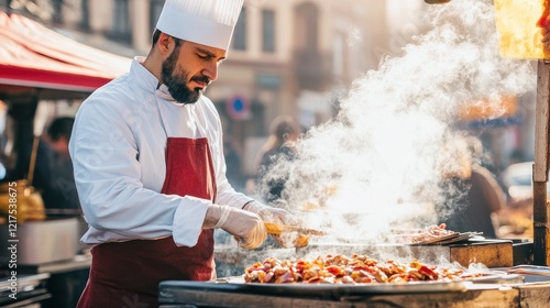 Chef preparing delicious food at outdoor market