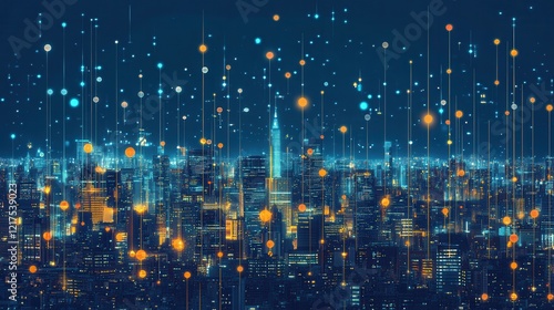 Illuminated Cityscape Network Digital Connections