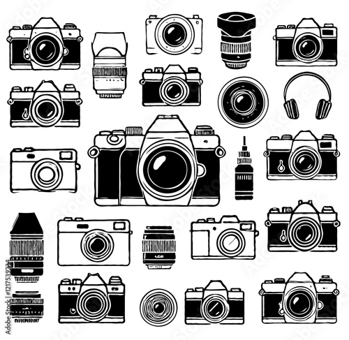 Wallpaper Mural Collection of cameras. Set of retro cameras. 
Photography equipment icons set. Simple illustration. Camera flat design style. Black on white illustration.  Torontodigital.ca