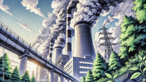 Industrial Landscapes Featuring Smoke Emissions, Power Plants, Green Forests, and Sunset Skylines