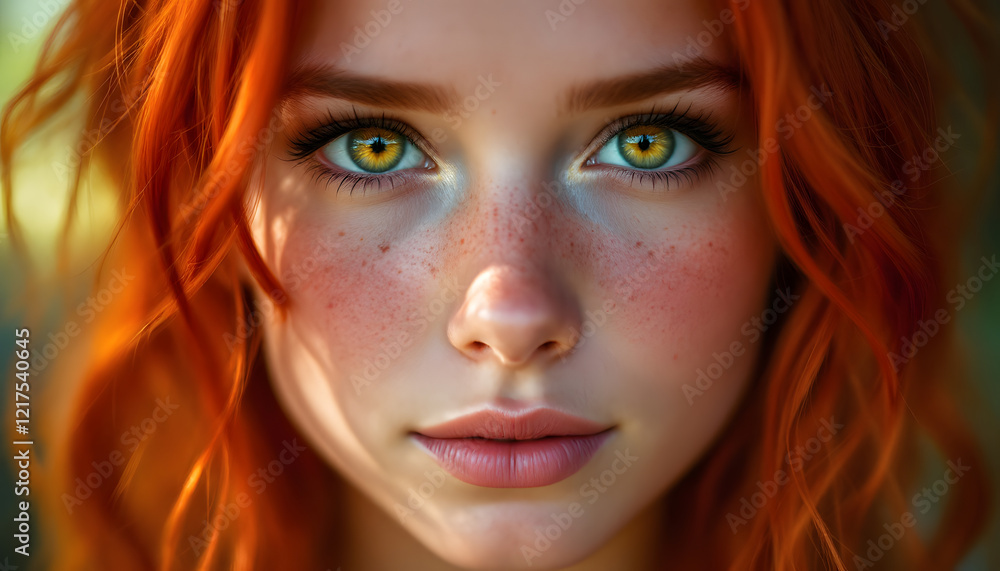 Close-up Portrait of a Redhead Woman with Green Eyes and Freckles Close-up Portrait of a Redhead Woman with Green Eyes and Freckles