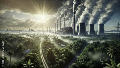 Aerial View of Industrial Power Plant Surrounded by Lush Green Forest and Pollution Emissions