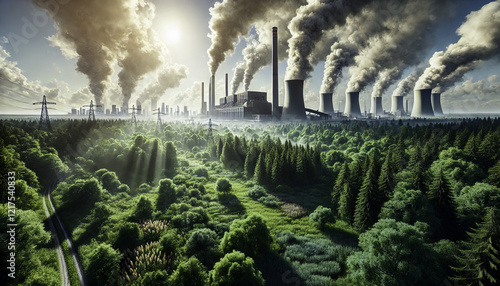 Aerial View of Industrial Power Plant Surrounded by Lush Green Forest and Pollution Emissions