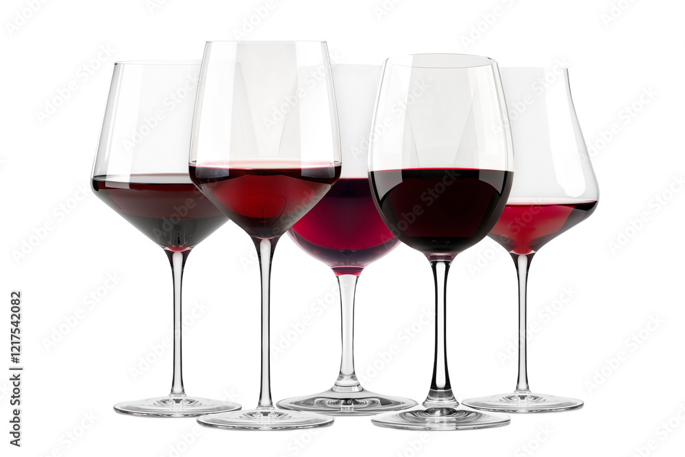 Set of red wine glasses isolated on white background. Rose wine splashing in glassware. Set of red wine glasses isolated on white background. Rose wine splashing in glassware.