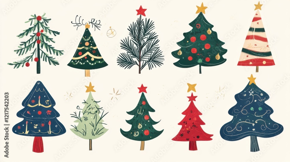 Creative hand-drawn Christmas trees. Featuring various styles and imaginative decorations. Highlighting artistic expression. Ideal for holiday greeting cards. Creative hand-drawn Christmas trees. Featuring various styles and imaginative decorations. Highlighting artistic expression. Ideal for holiday greeting cards.