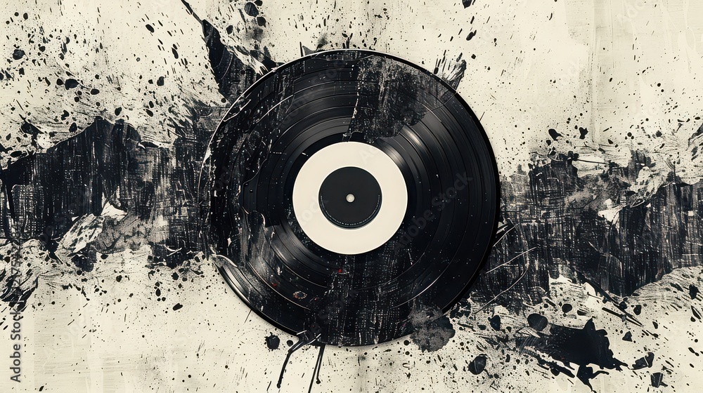 Obraz premium A vinyl record cover design with a bad ink print effect, showcasing old-school typography with splattered ink