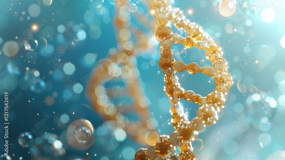 Shimmering spiral of yellow DNA double helix with light bokeh and bubbles, creating a serene blue backdrop Shimmering spiral of yellow DNA double helix with light bokeh and bubbles, creating a serene blue backdrop
