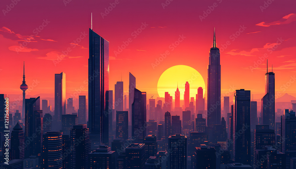 Fototapeta premium Sunset Metropolis: A vibrant cityscape silhouette at dusk, with a large sun setting behind the skyscrapers.