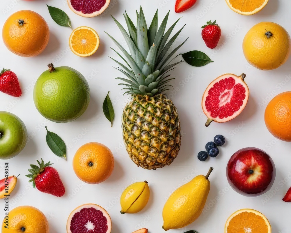 Artful arrangement of exotic fruits on a pure white surface, highlighting their unique textures and shapes. Artful arrangement of exotic fruits on a pure white surface, highlighting their unique textures and shapes.