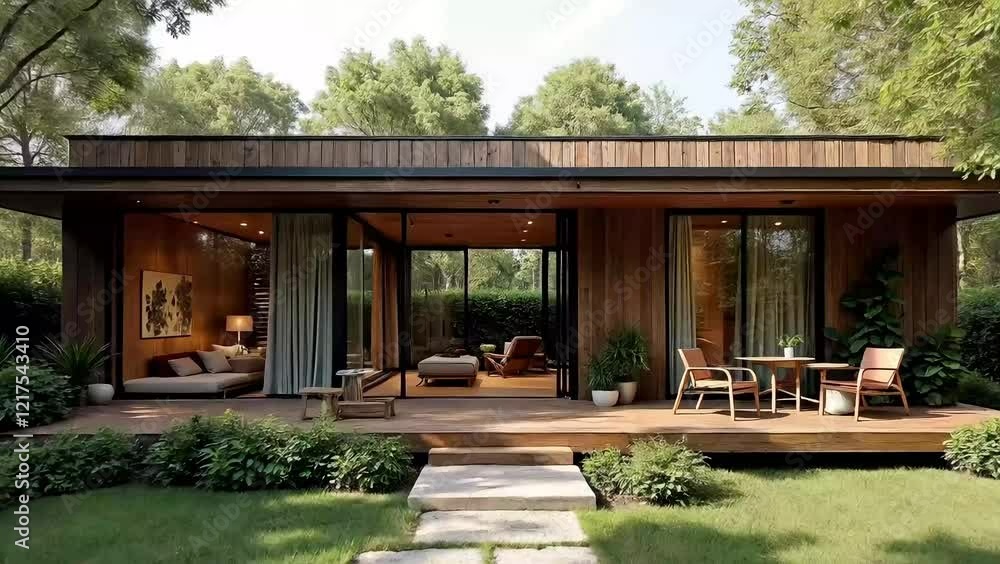 Modern wood cabin with glass walls and doors set amidst a lush green garden and natural trees offering a peaceful outdoor living space Modern wood cabin with glass walls and doors set amidst a lush green garden and natural trees offering a peaceful outdoor living space