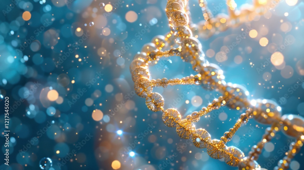 Shimmering spiral of yellow DNA double helix with light bokeh and bubbles, creating a serene blue backdrop Shimmering spiral of yellow DNA double helix with light bokeh and bubbles, creating a serene blue backdrop