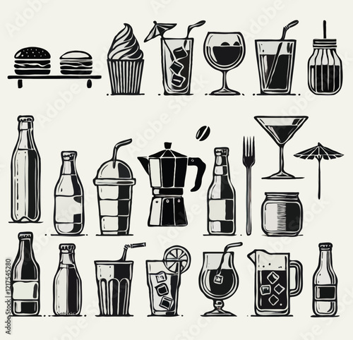 Adobe Illustrator Artwork. Set of hand drawn drinks icons. Cocktails and drinks menu set. Black and white bar illustration. Coffee, tea and food. Bartender Cocktail, Alcohol, Bottles and glasses.