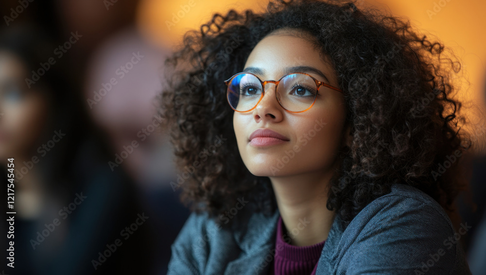 A mixed-race woman with curly hair and glasses listens attentively during a presentation, surrounded by colleagues in a contemporary office environment. A mixed-race woman with curly hair and glasses listens attentively during a presentation, surrounded by colleagues in a contemporary office environment.