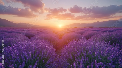 Lavender fields at sunset  calming and serene  purple flowers stretching to the horizon 