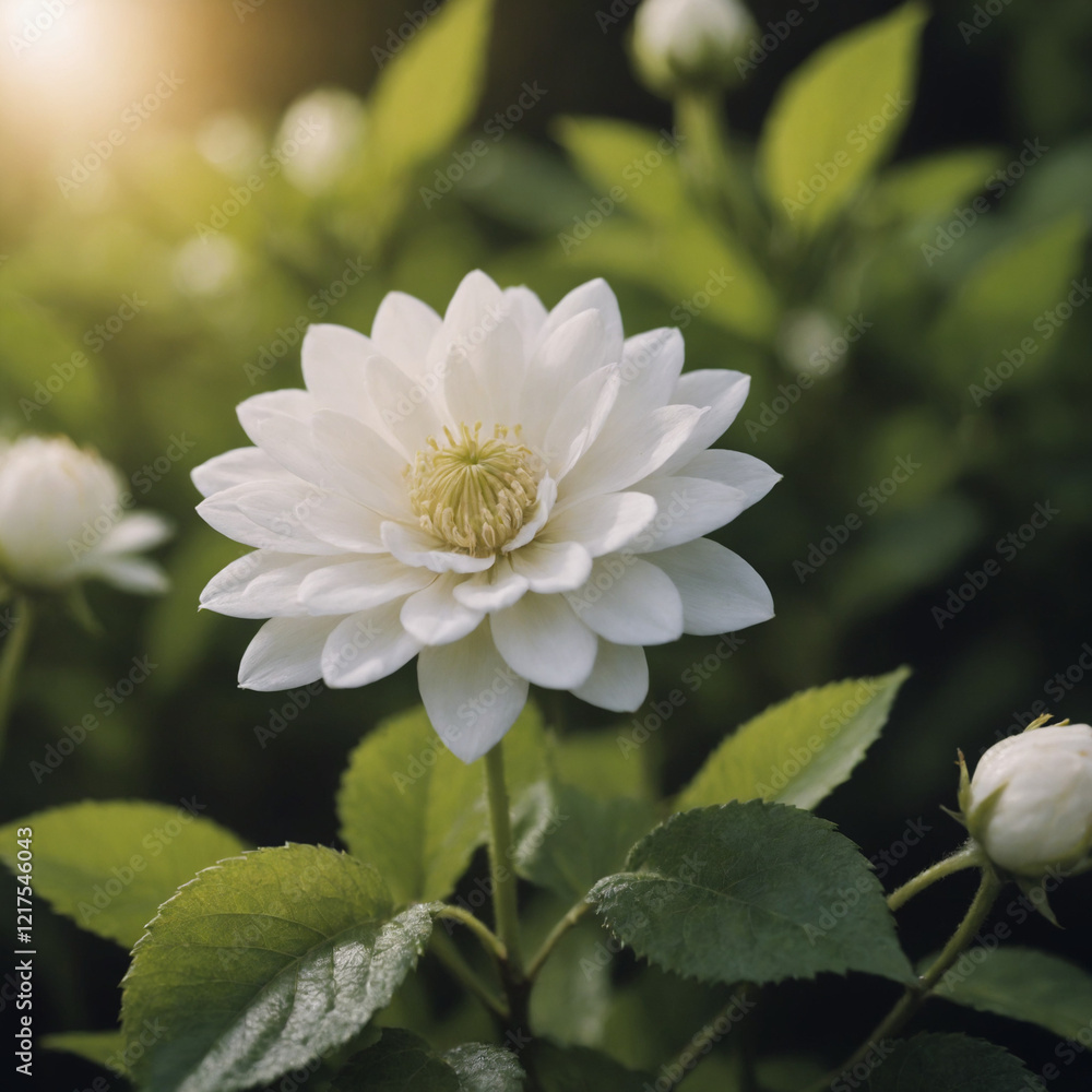 Obraz premium White dahlia bloom, serene, close-up with lush foliage and soft sunlight