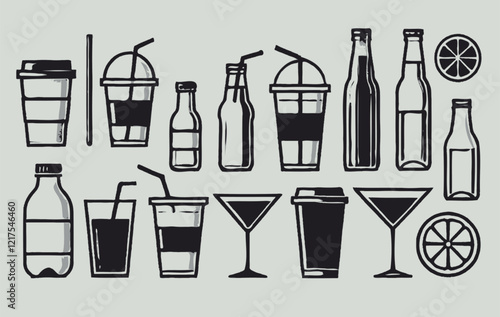 Adobe Illustrator Artwork. Set of hand drawn drinks icons. Cocktails and drinks menu set. Black and white bar illustration. Coffee, tea and food. Bartender Cocktail, Alcohol, Bottles and glasses.