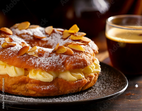 Freshly baked Paris-Brest French pastry with cream filling and cup of coffee photo