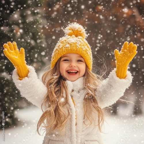 A smiling young girl joyfully throwing her hands up in the air, surrounded by softly falling snowflakes. photo