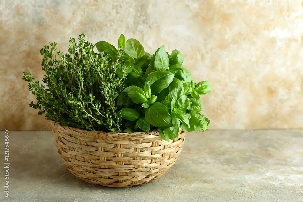 Naklejka premium Fresh Herbs in a Basket - A Culinary Delight