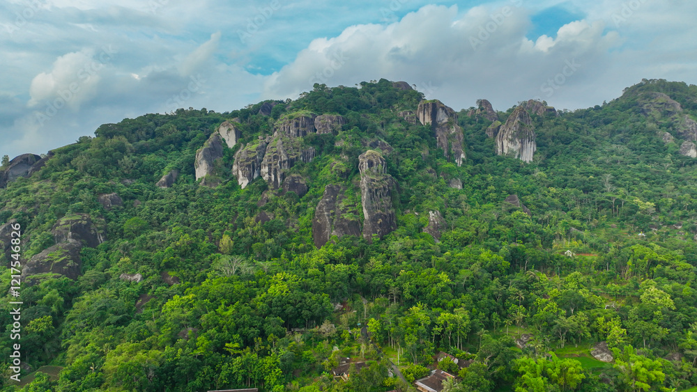 Fototapeta premium Panorama of the Nglanggeran Ancient Volcano ecotourism area in the afternoon using a drone. Aerial photo of an ancient rock mountain covered with majestic lush trees
