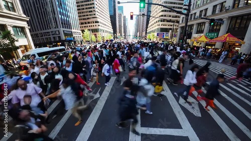 Wallpaper Mural crowded city intersection filled with pedestrians crossing in multiple directions, surrounded by tall skyscrapers, street vendors, and bustling urban activity Torontodigital.ca