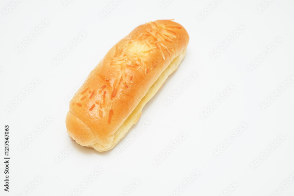 Close up of cheese banana bread isolated on white background.Food industry concept.Oval shaped bread with soft texture.For graphic design.Copy space for text Close up of cheese banana bread isolated on white background.Food industry concept.Oval shaped bread with soft texture.For graphic design.Copy space for text