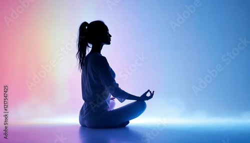 Serene Woman Meditating: A Peaceful Silhouette in Vibrant Hues