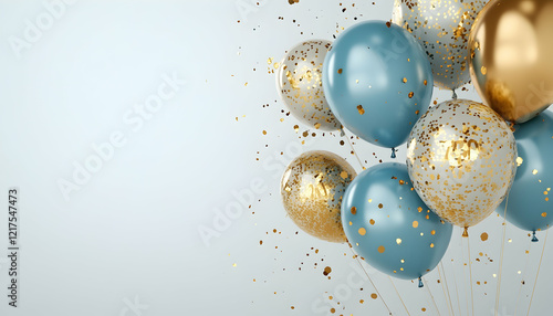 Elegant blue and gold 70th birthday balloons surrounded by gold confetti, set against a light gray background, offering ample space for a celebratory message  -