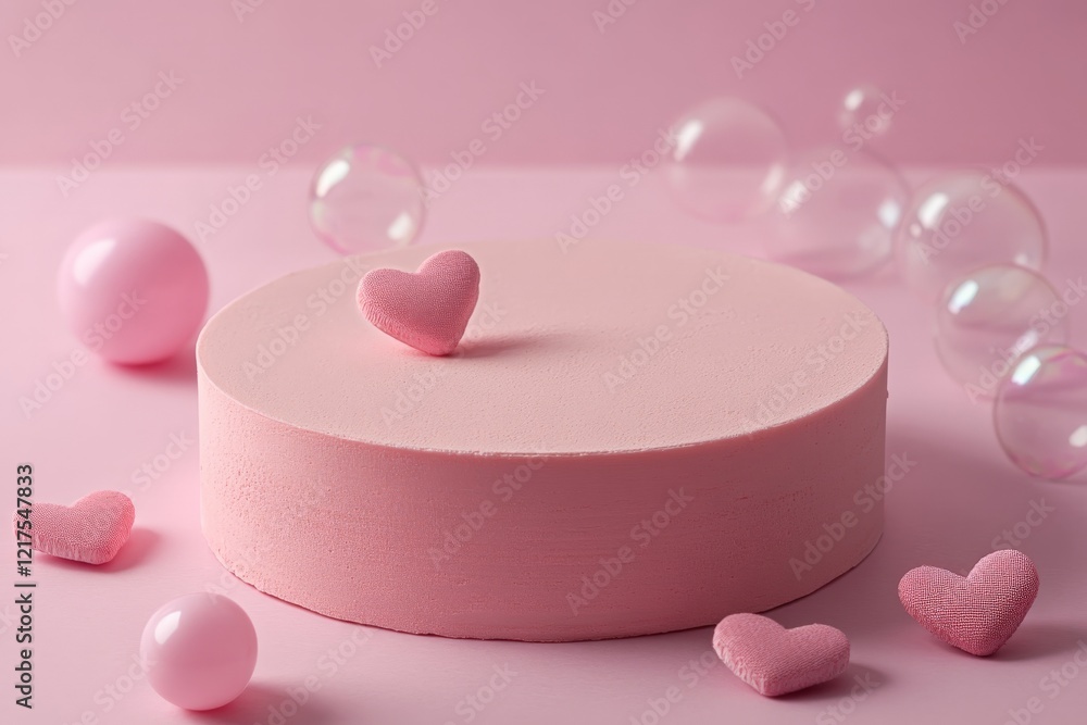 Delicate pink cake with heart decorations and bubbles on a soft pink background for a celebration or special occasion Delicate pink cake with heart decorations and bubbles on a soft pink background for a celebration or special occasion