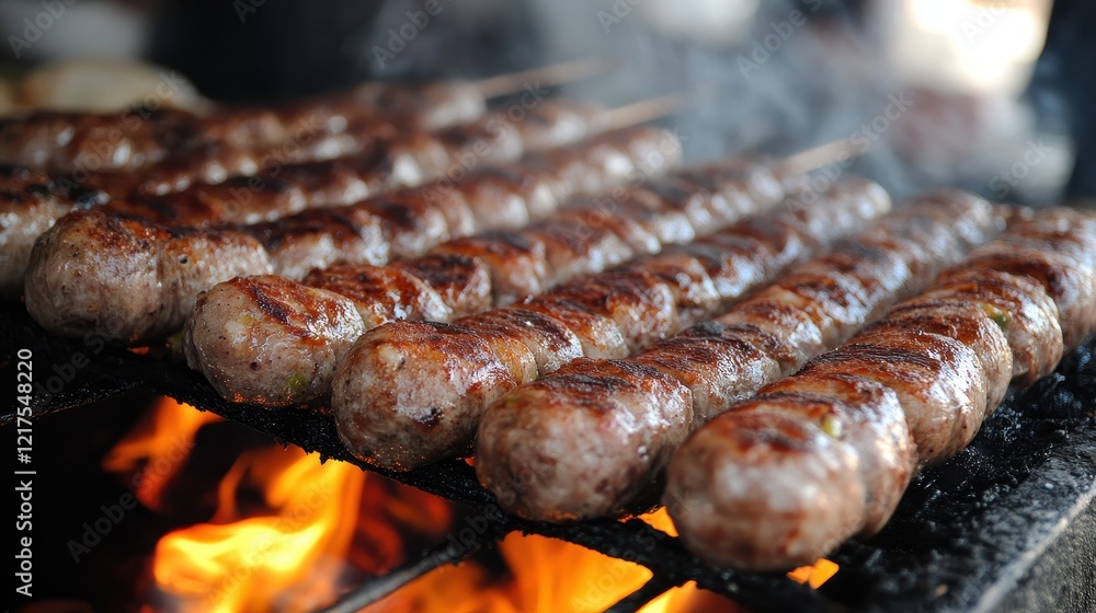 Grilled Sausages Cooking Over Open Flames Grilled Sausages Cooking Over Open Flames