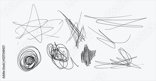 Messy textured scribbles and anti-design doodles vector illustration set isolated on white background