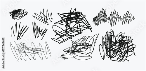 Messy textured scribbles and anti-design doodles vector illustration set isolated on white background