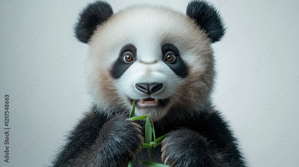 Fototapeta premium Adorable Giant Panda Cub Eating Bamboo Close Up Studio Shot