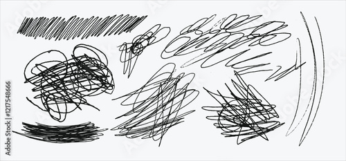 Messy textured scribbles and anti-design doodles vector illustration set isolated on white background