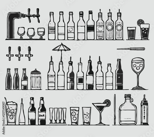 Set of hand drawn drinks icons. Cocktails and drinks set. Black and white illustration, drinks and food. Cocktail, Alcohol, Bottles and glasses, beer, whiskey, cognac, whiskey, wine, whiske	