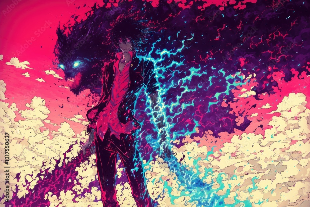 Obraz premium Anime Boy with Dark Wolf and Electric Flames