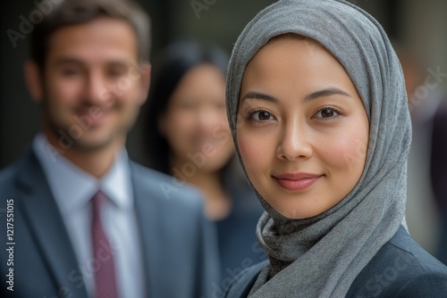 Young professional woman in hijab participates in networking event with colleagues in an urban setting photo