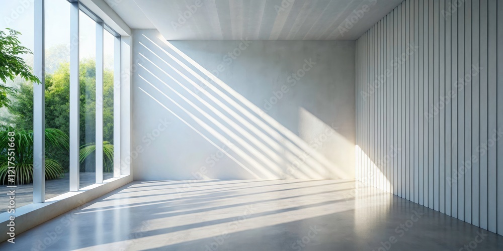 Fototapeta premium Abstract light design casts soft streaks across a bright, textured white wall; minimalist, clean interior.