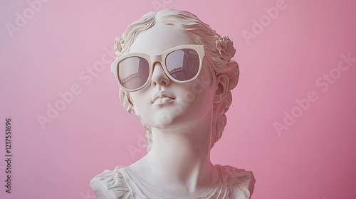 Classic statue bust, sunglasses, pink background, fashion