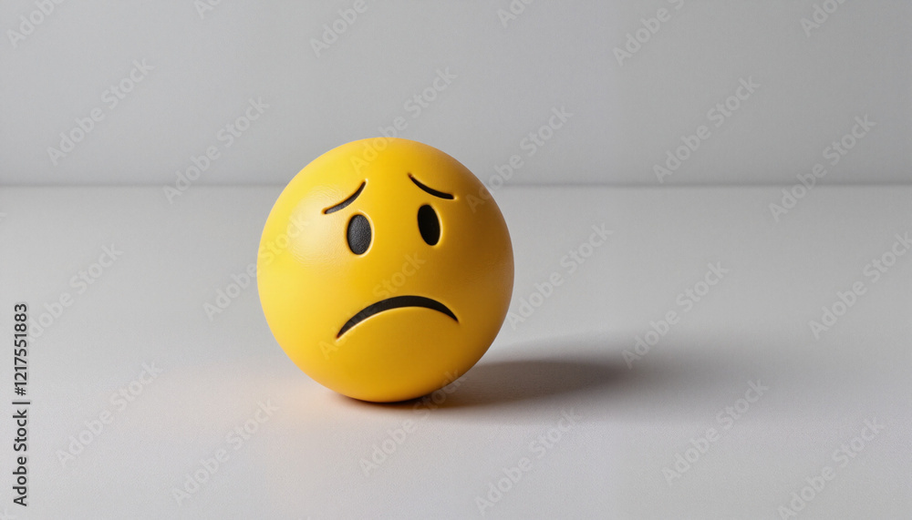 Fototapeta premium Glossy yellow sad face emoji with sorrowful expression on a light gray surface
