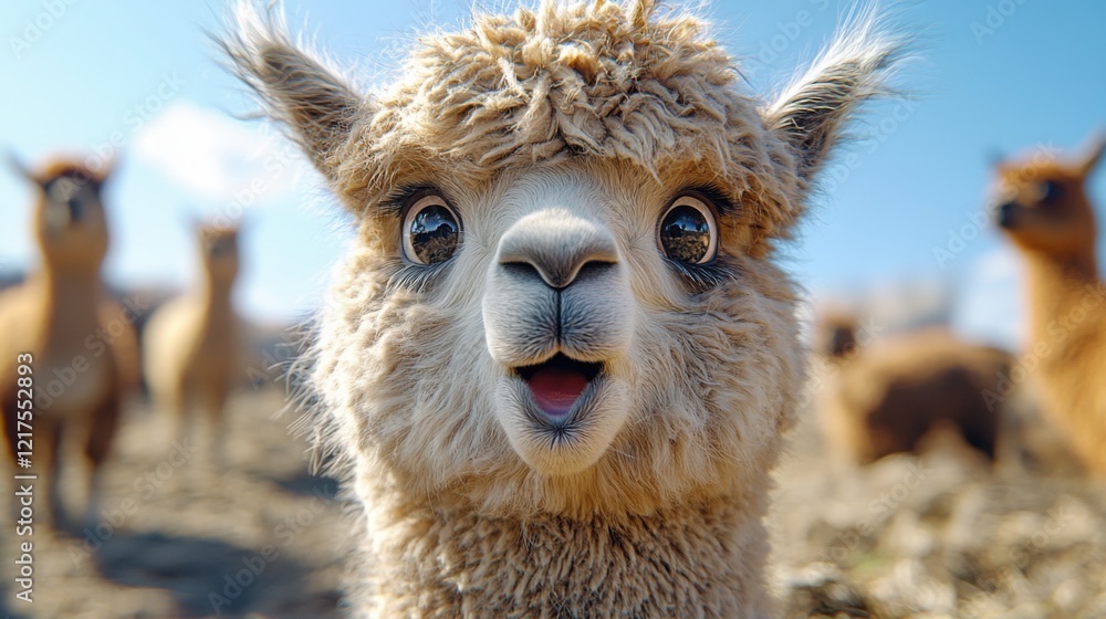 Obraz premium Surprised Alpaca Close up Portrait with Herd in Background Sunny Day